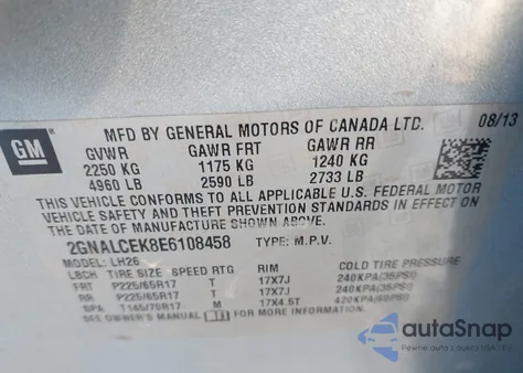 2014 Chevrolet Equinox 2Lt из США, поврежденный, VIN 2GNALCEK8E6108458